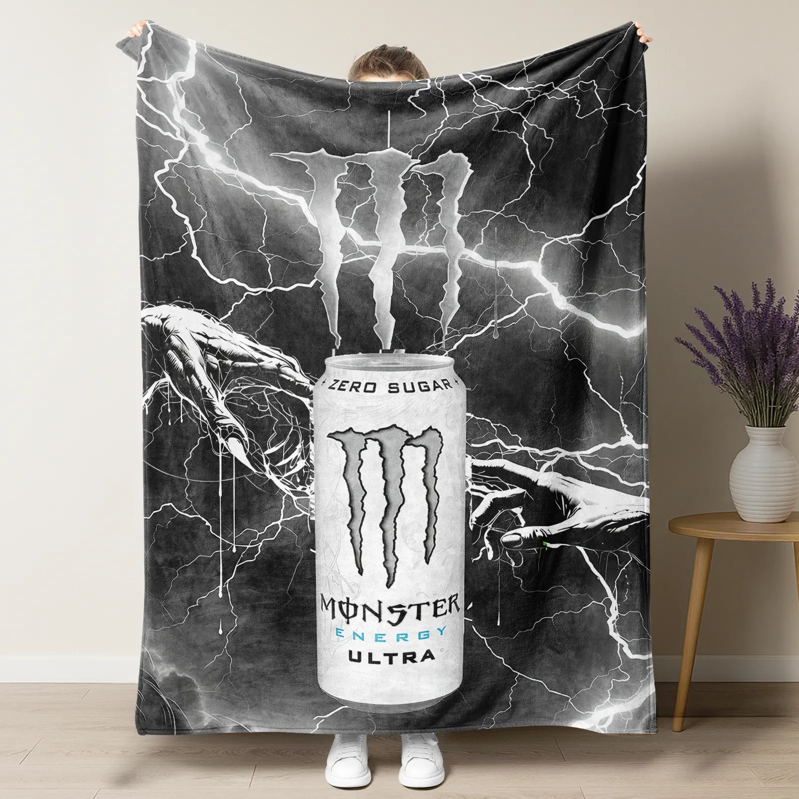 #88 Monster Energy Ultra Polyester Throw Blanket - 1-Piece, Black & White Bold Graphic, Lightning Print, Zombie Hands Print, Indoor Use
