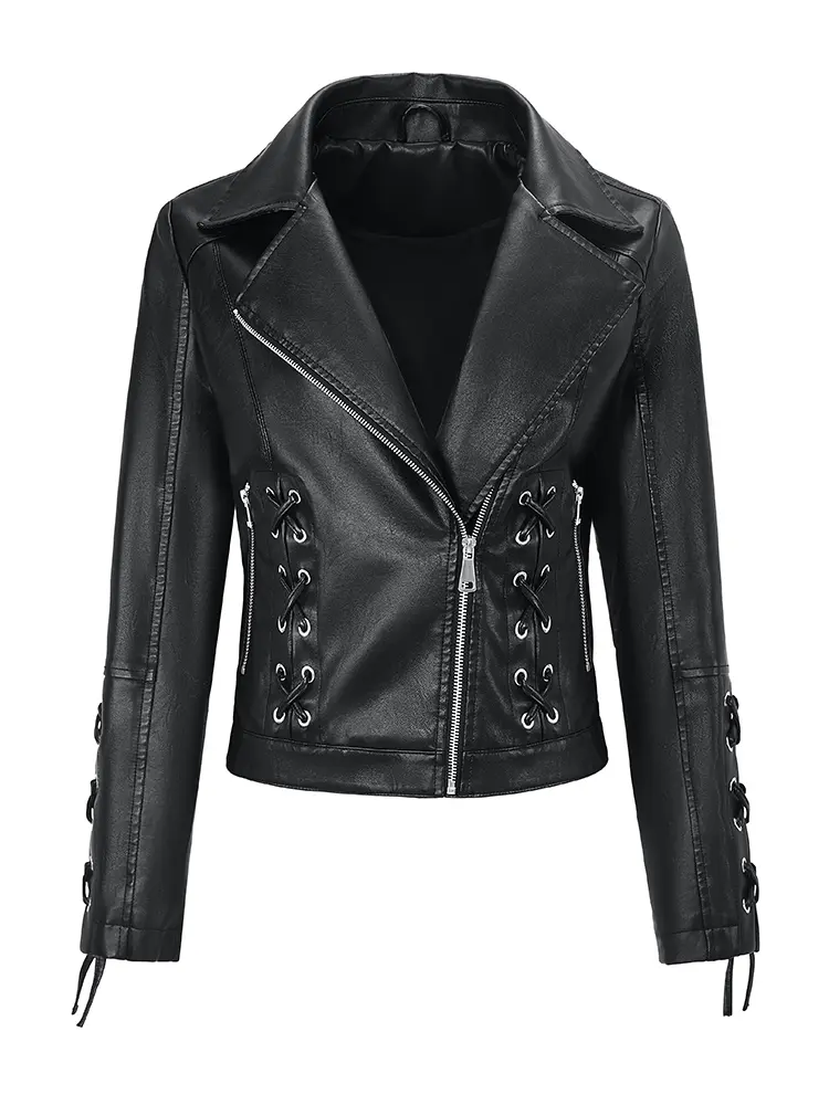Women’s PU faux leather biker jacket with turn-down collar and side zipper, cropped slim fit with crisscross tie straps—ideal for everyday street styling and outings in spring and autumn.
