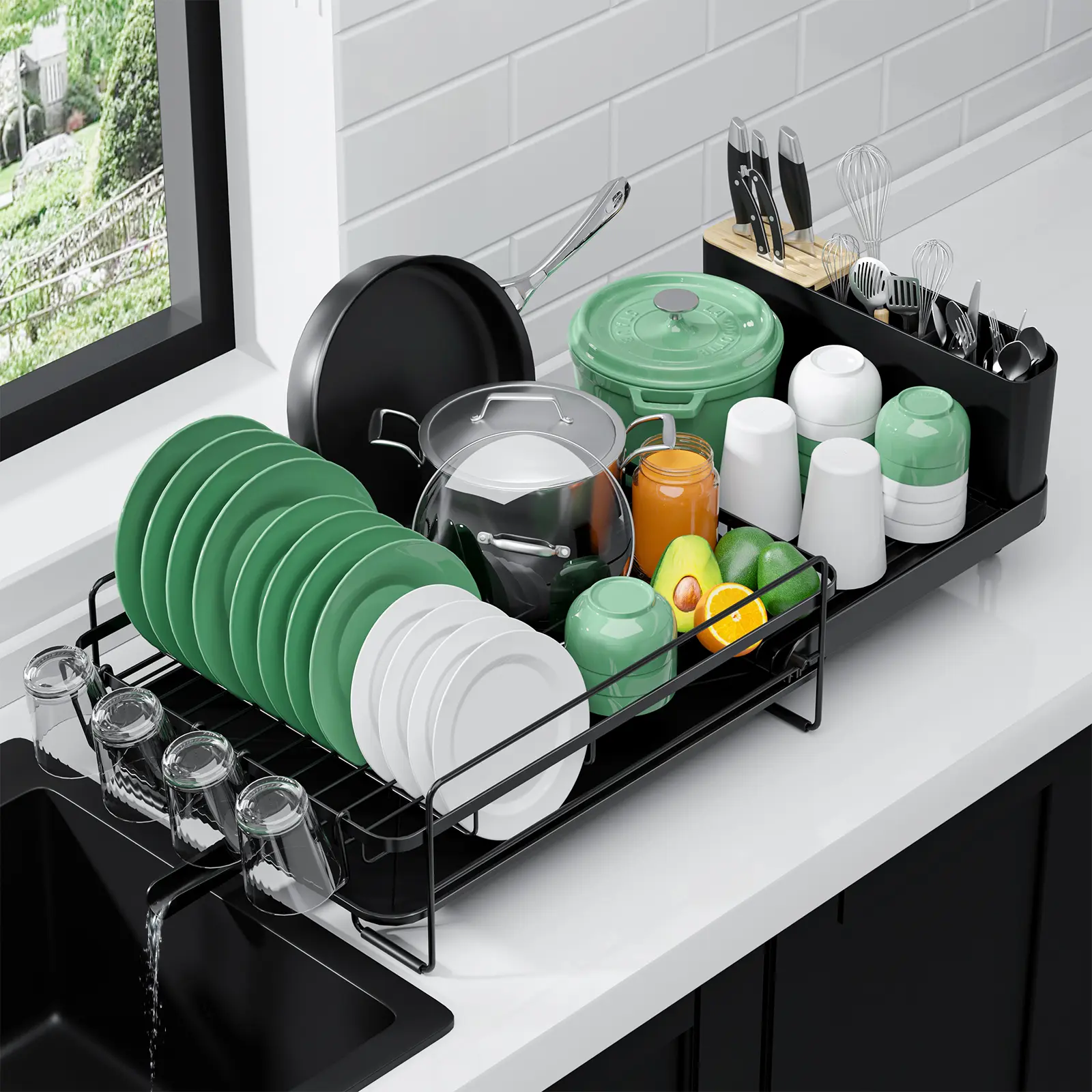 Black Expandable Dish Drying Rack Organiser for Kitchen Countertop, Adjustable Draining Boards with Utensil Holder, Cup & Bowl Drying Rack