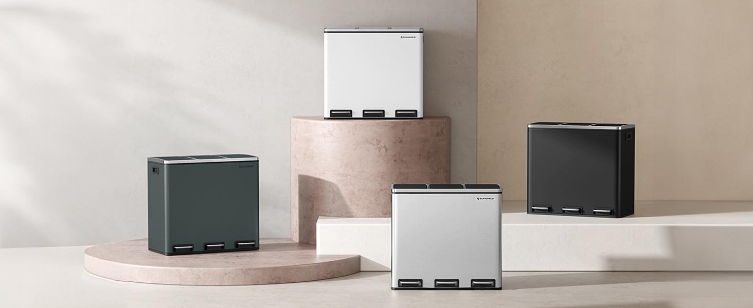 SONGMICS Stainless Steel Trash Can Garage Can Multi-Compartment Plastic Inner Buckets and Hinged Lids Soft Closure Kitchen Trash Bin