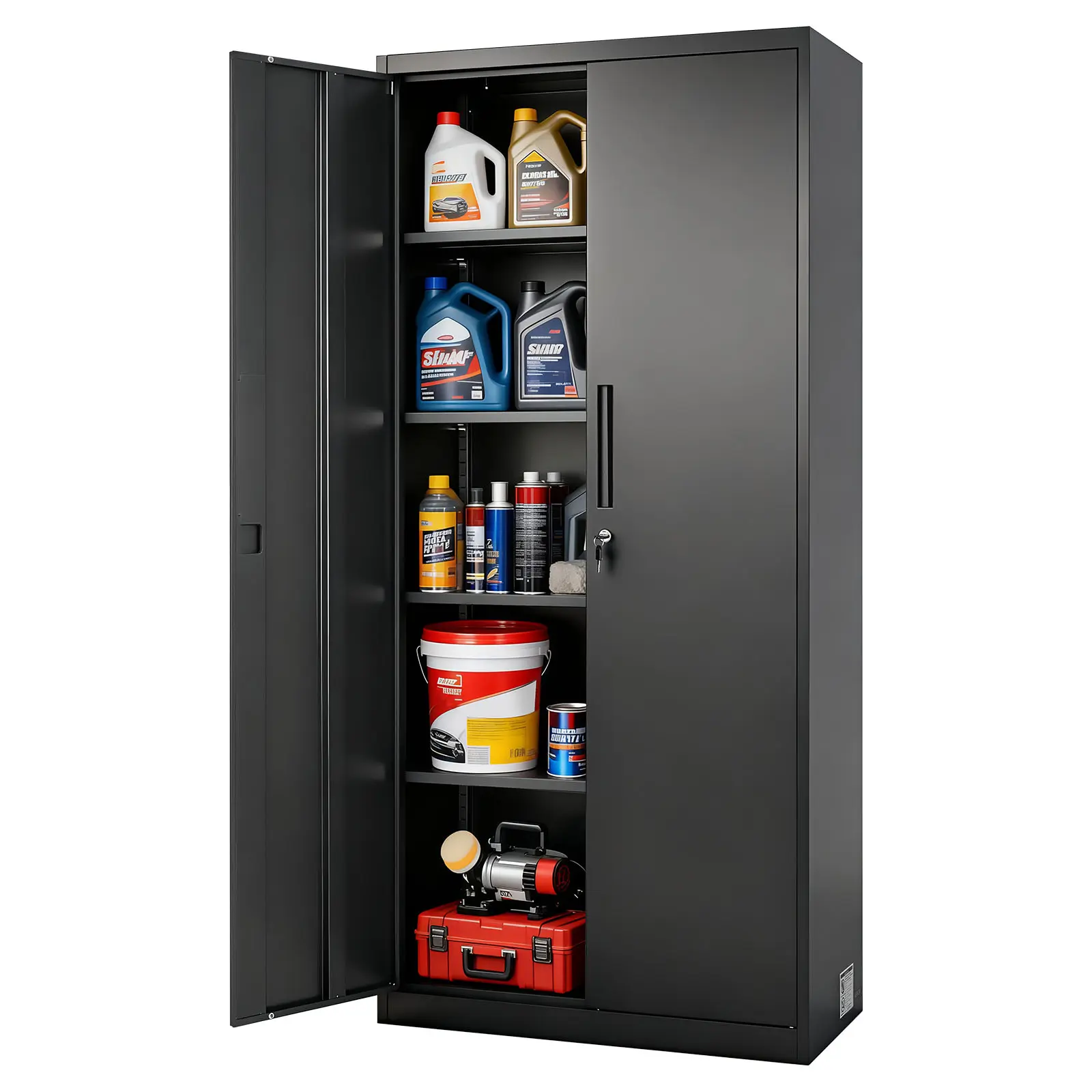 【Summerfinds】VEVOR All Steel Lockable Metal Storage Cabinet, 175 cm Carbon Black 5-Shelf Tool Cabinet with 4 Adjustable Multi-Compartment Shelves, 2 Magnetic Doors, 2 Keys for Garage, Pantry, 5-Shelf Cabinets, Adjustable Multi-Compartment Cabinets