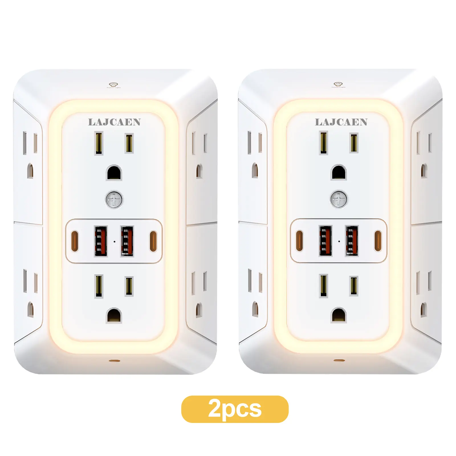 2-Pack Outlet Extender Surge Protector With Night Light , 6AC Outlet Extender with 4 USB Charging Ports (2A 2C), 3-Sided Power Strip with Adapter Spaced Outlets for Home, Office, Travel (White)
