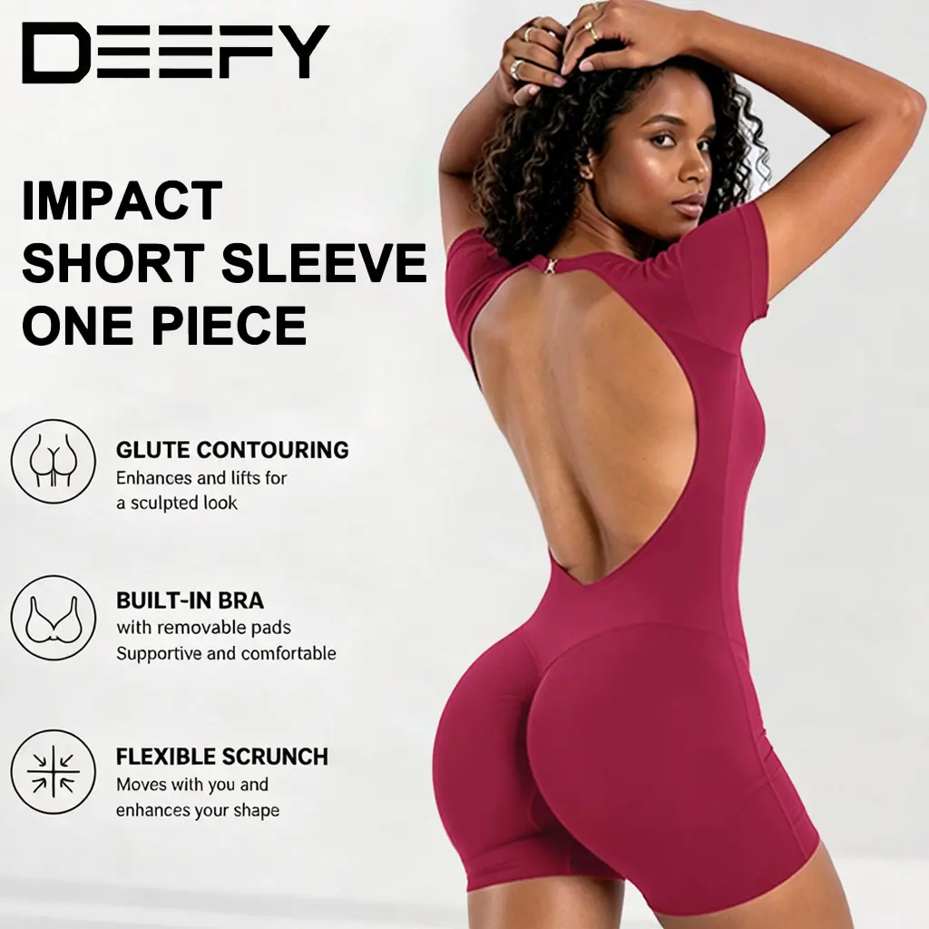 [SIZE UP 1] DEEFY Impact Short Sleeve One Piece Women Soft Padded Bralette Tummy Control Butt Lifting Gym Workout Yoga One Piece Activewear Bodysuits [STRONG COMPRESSED]