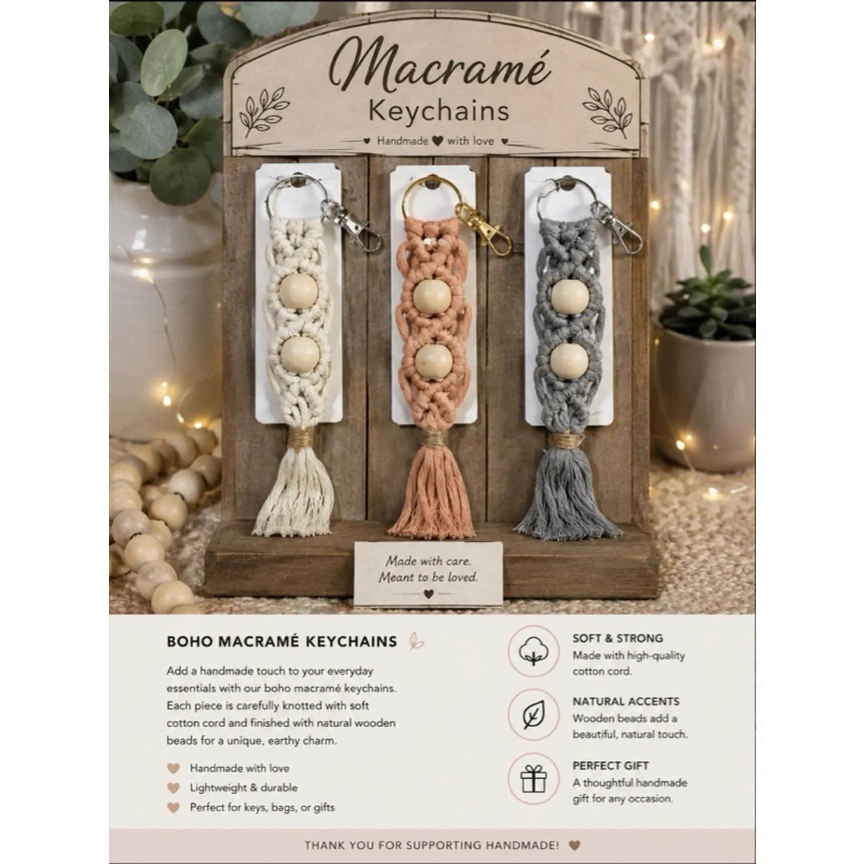 Boho Macramé Keychains - Handmade with Love, Soft & Strong, Natural Accents, Perfect Gift for Keys, Bags, or Gifts