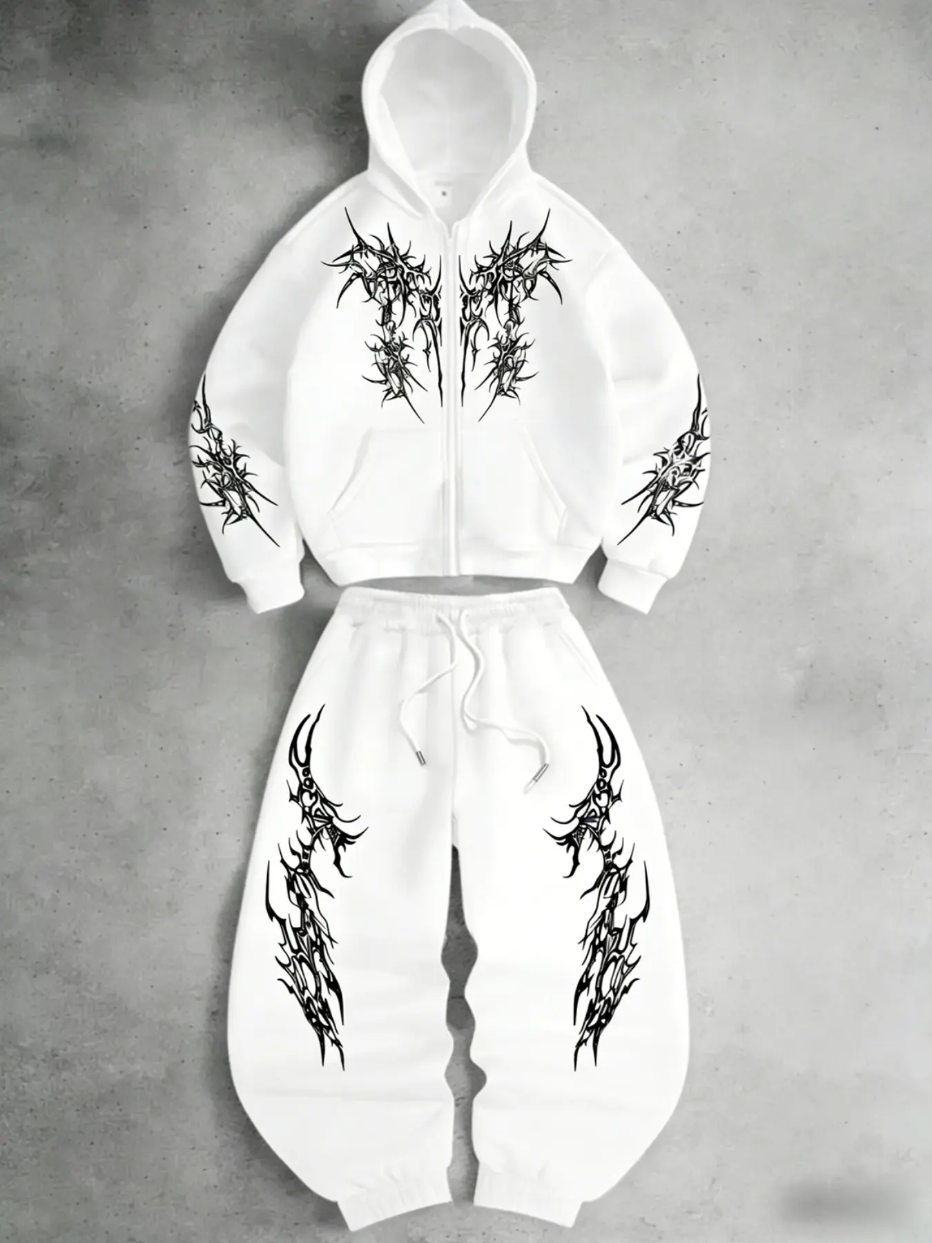 Dark Thorn Totem Zip Hoodie Set, Sweatsuit Set, Spring Casual Fitted Print Sweatshirt & Pants, Trendy Unisex Clothing, Casual Style Set, Pants Set Outfit