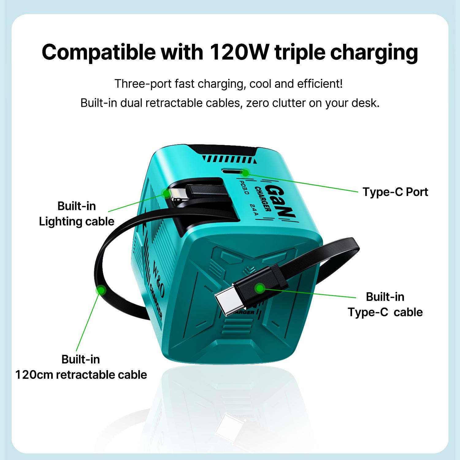 GaN Charger Compatible with 120W Fast Charger with Retractable Type-c and Lighting Cable,Protable Adaptor for iPhone 16, iPad, MacBook, Multi-Device Fast Charging, Folding Charging Cellphone Electronic