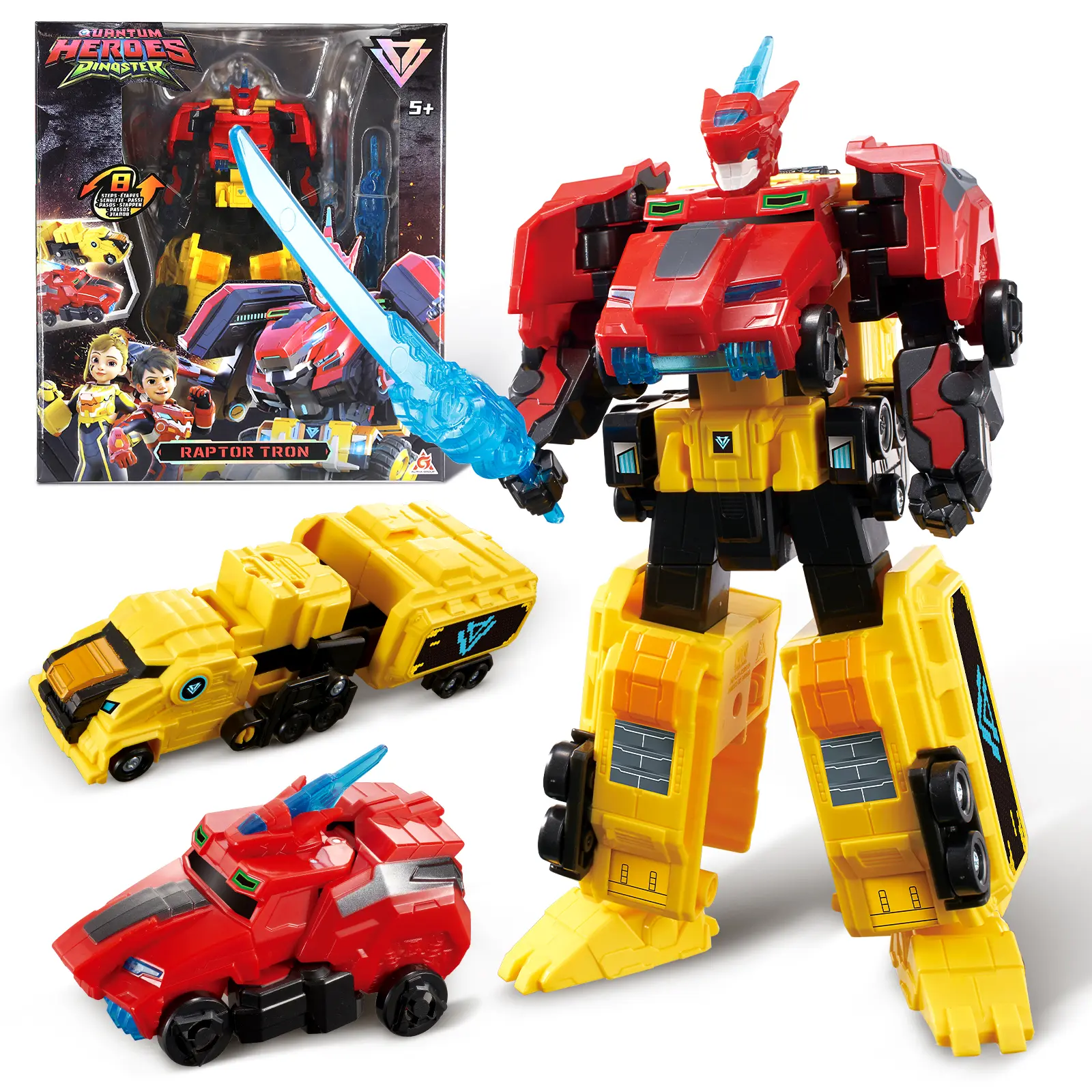 QUANTUM HEROES DINOSTER Transforming Toys, 2-in-1 Robot Raptor Tron | 7.48-inch Action Figure Children's Robot Toy, Cool Transforming Toys for Boys and Girls Age 5+, Red and Yellow