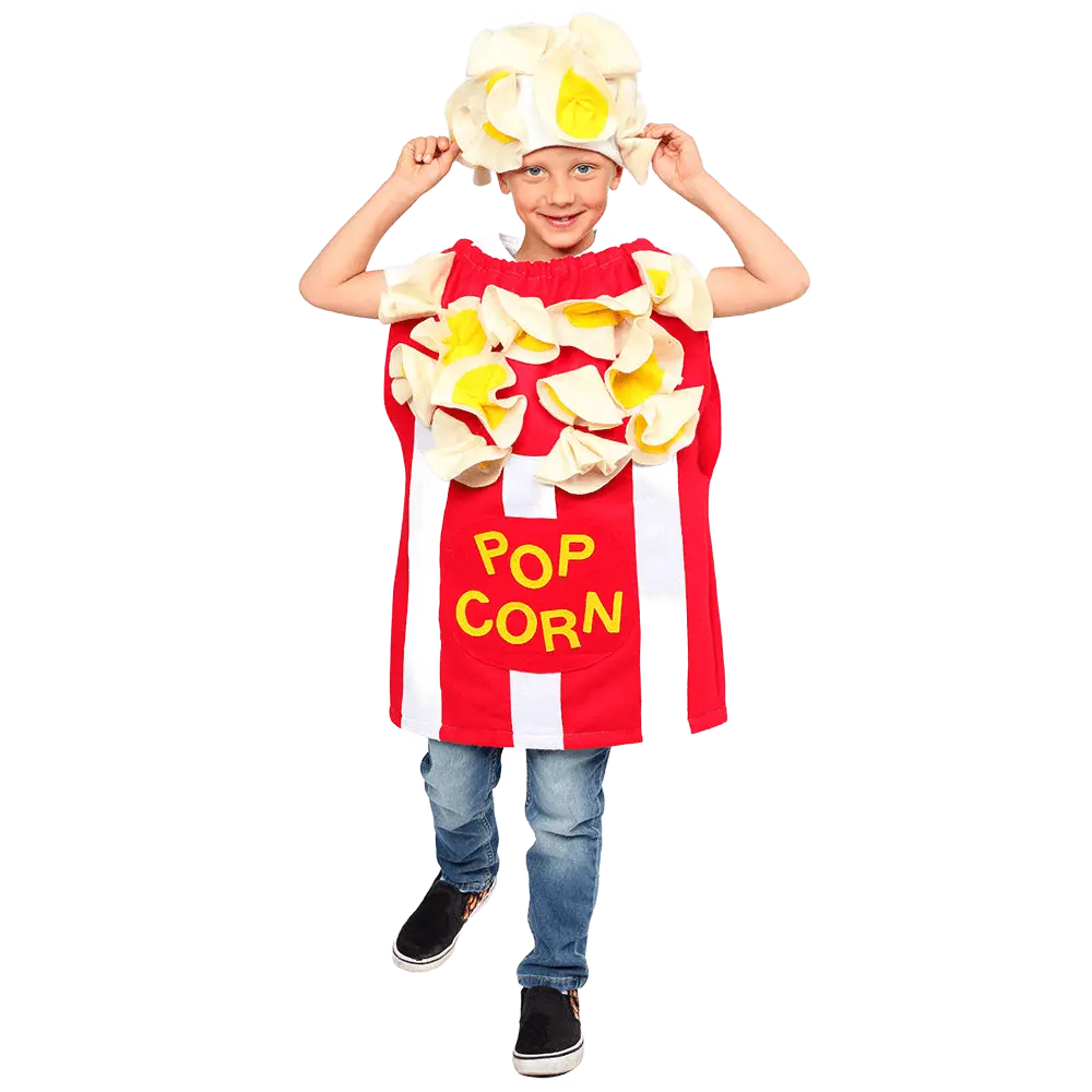 Popcorn Costume Dress For Kids - Striped Tunic with 3D Felt Popcorn and Matching Hat - Perfect for Halloween, Pretend Play Fun, Theme Party & Cosplay Costume Party