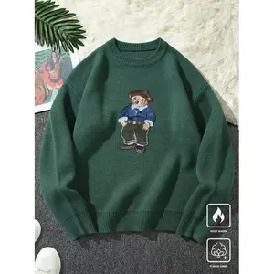 Unisex Cartoon Bear Print Crew Neck Sweater Crewneck, Casual Loose Long Sleeve Jumper for Fall & Winter, Fashion Ladies' Knitwear for Daily Wear