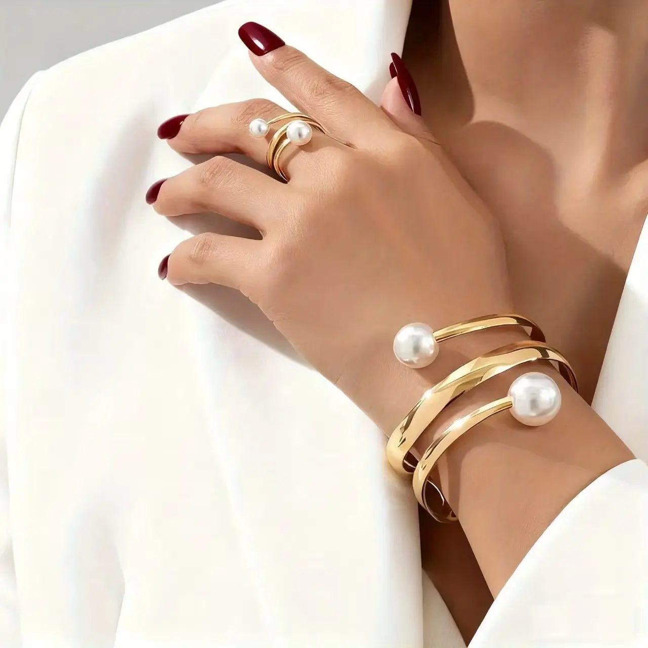 Unisex Trendy Jewelry Accessory Set - Standout Irregular Line Open Bangle, Vintage Faux Pearls Elegant Bracelet Ring, INS Fashion Costume Jewelry