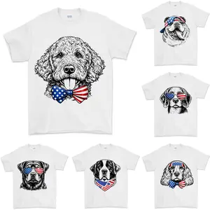 Puppy Love Dog T-shirt Showcasing 50 dog breeds in 4th of July Graphic, Cute Puppy Independence Day Shirt for Dog Lovers, printed on a cozy Gildan unisex crew pullover for pet lovers.