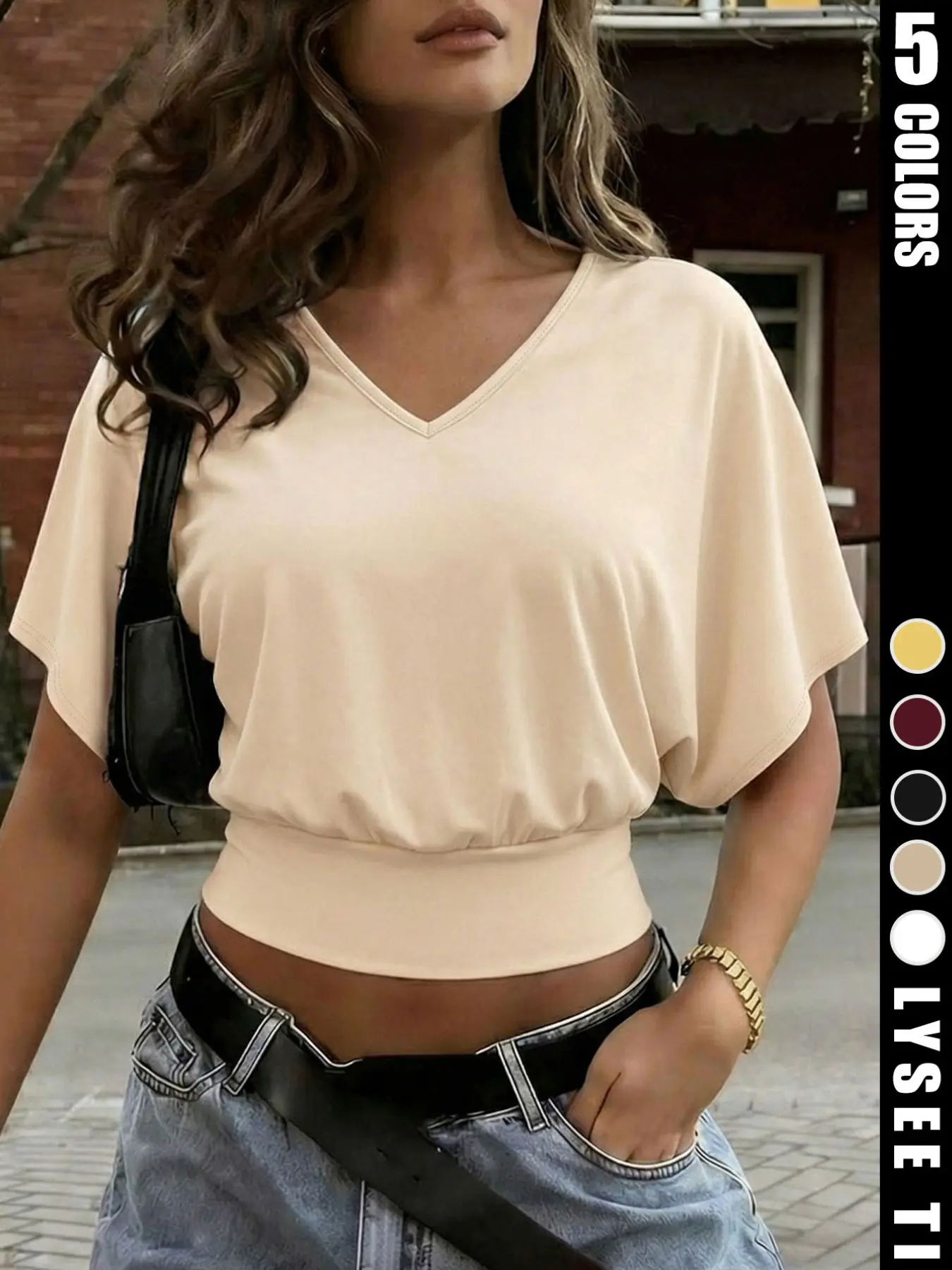 Women's Casual Minimalist Basic Fashion Sporty Plain V-Neck Loose Fit Waist Cinched Short Sleeve Top, Casual Everyday Tee, Comfortable and Stylish Summer Wear, Womenswear