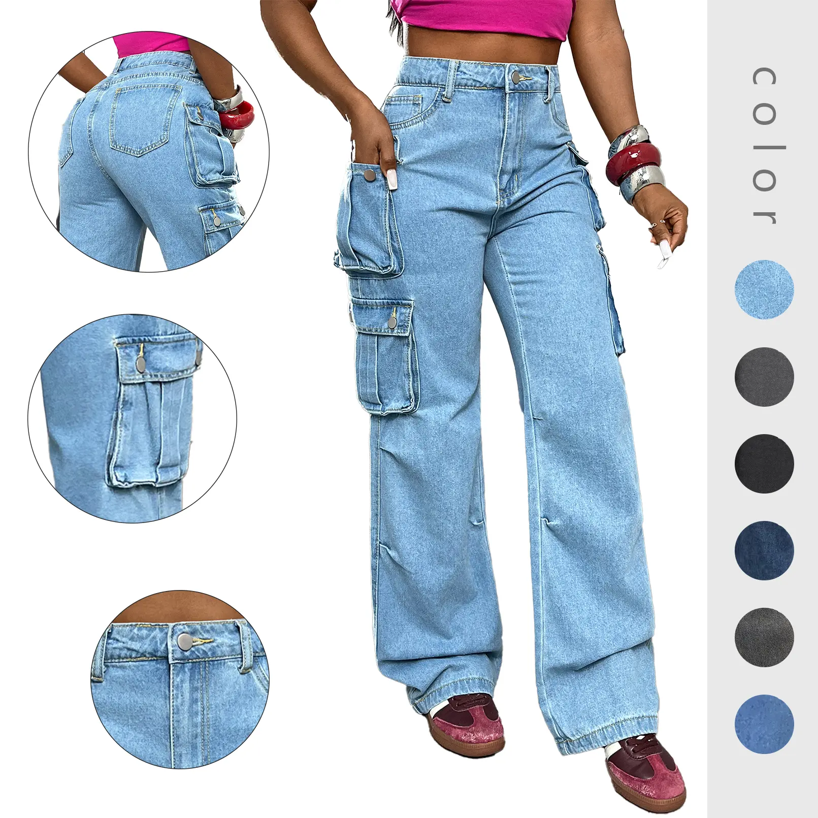 Women High Waisted Wide Leg Cargo Jeans Streetwear Denim Pants with Utility Pockets