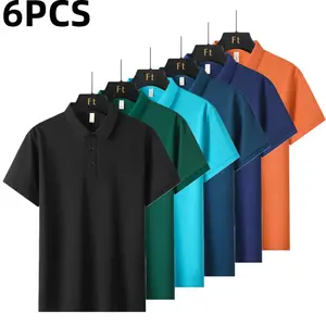 Six solid-color men’s polo shirts in a business-casual style featuring a classic turn-down collar design with refined button detailing. Short sleeves offer a versatile fit for multiple seasons, and the smooth, drapey fabric resists wrinkles. A slim silhou