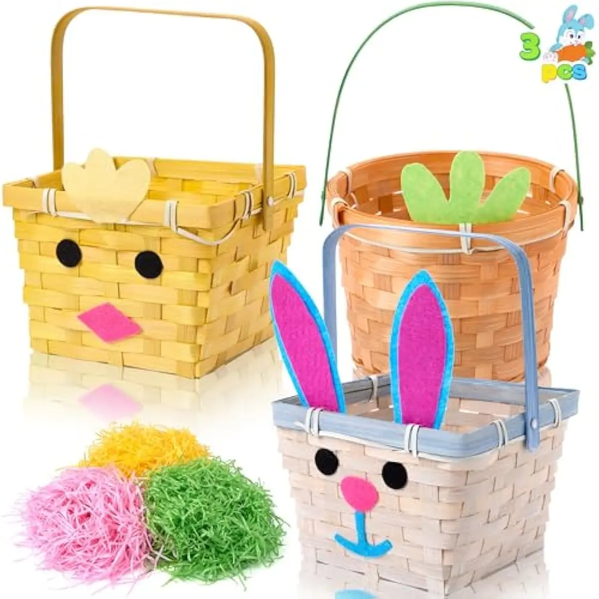 3 Pcs Easter Bamboo Baskets, Bunny Chick Carrot Baskets with Folding Handle and 150g Easter Raffia Paper Grass, Pink, Yellow & Green Empty Gift Basket for Baby Girls Boys