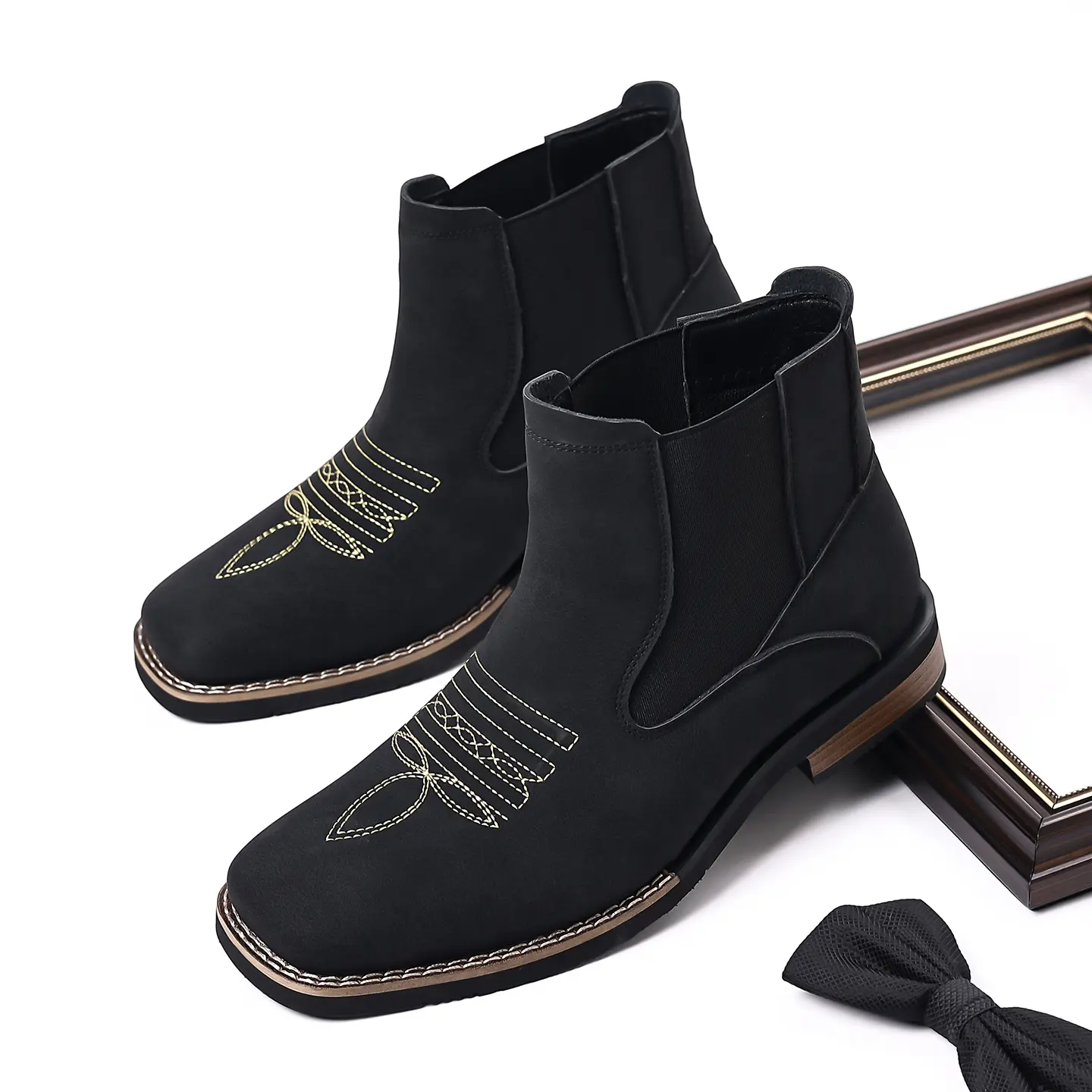 Men's Embroidered Cowboy Style Chelsea Boots - Ankle Height, Flat Heel, Slip-On, Synthetic PU Upper, Elegant Fashion Design, Comfortable All-Season Office & Casual Walking Footwear