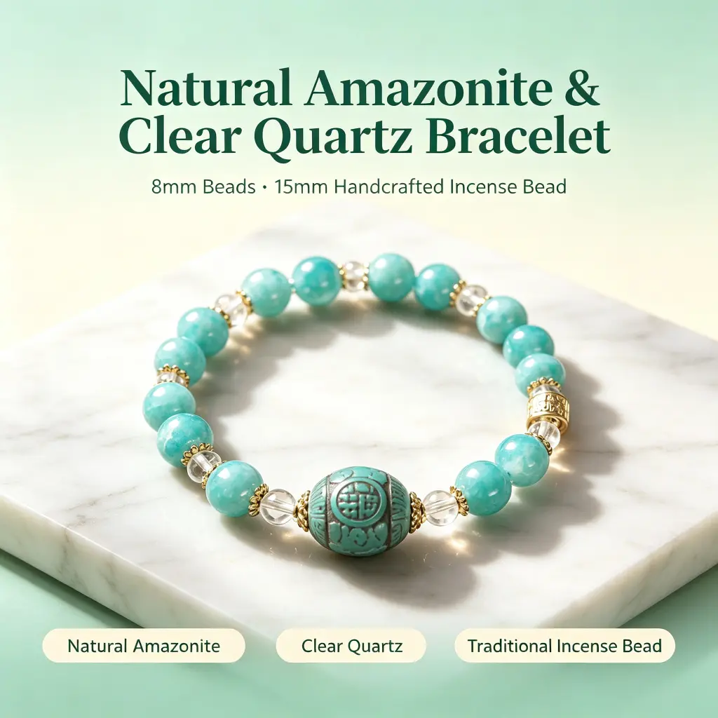 Natural Amazonite & Clear Quartz Bracelet – 8mm Handmade Stretch Beaded Bracelet with 15mm Traditional Incense Bead, Yoga Meditation Wristband for Women Men