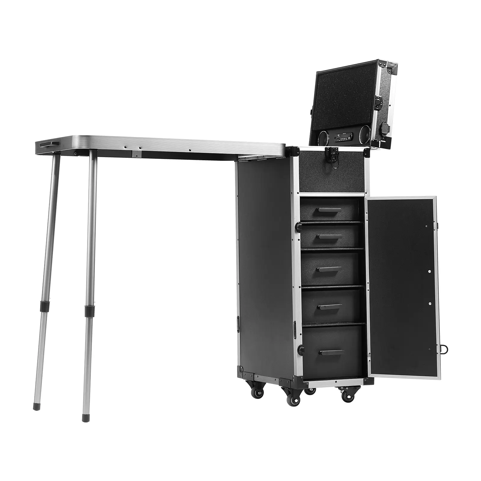 VEVOR Professional Makeup Train Case Aluminum Cosmetic Case,  Workbench With Supporting Legs, Rolling Makeup Case Extra Large Trolley Makeup Travel Organizer, with 360° Swivel Wheels, Black
