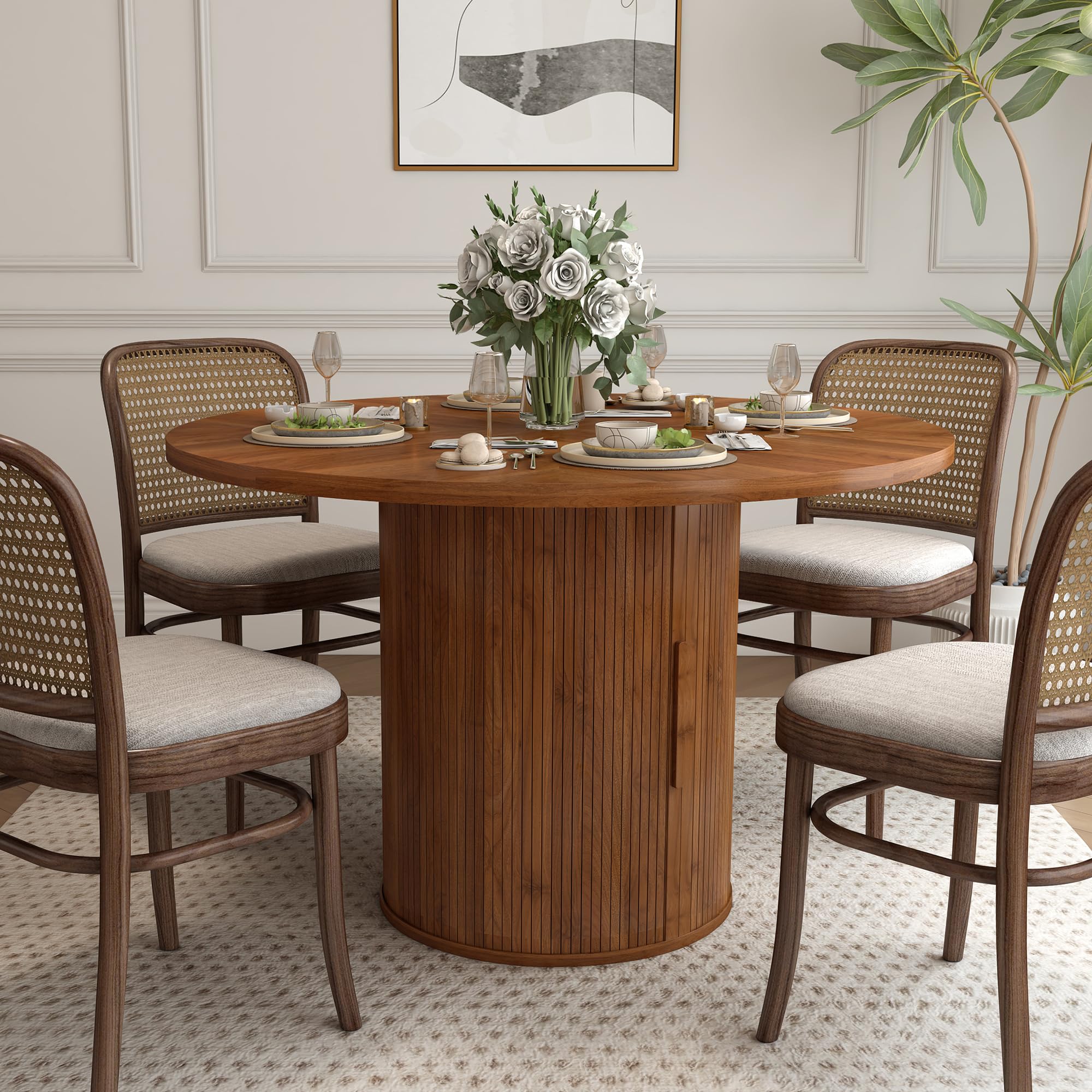 Giratree 47 inch Round Dining Table for 4, Kitchen Table Dinner Table with 2-Layer Storage Shelf and Wood Slide Door for Home Dining Room Living Room