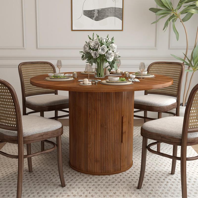 Giratree 47 inch Round Dining Table for 4, Kitchen Table Dinner Table with 2-Layer Storage Shelf and Wood Slide Door for Home Dining Room Living Room