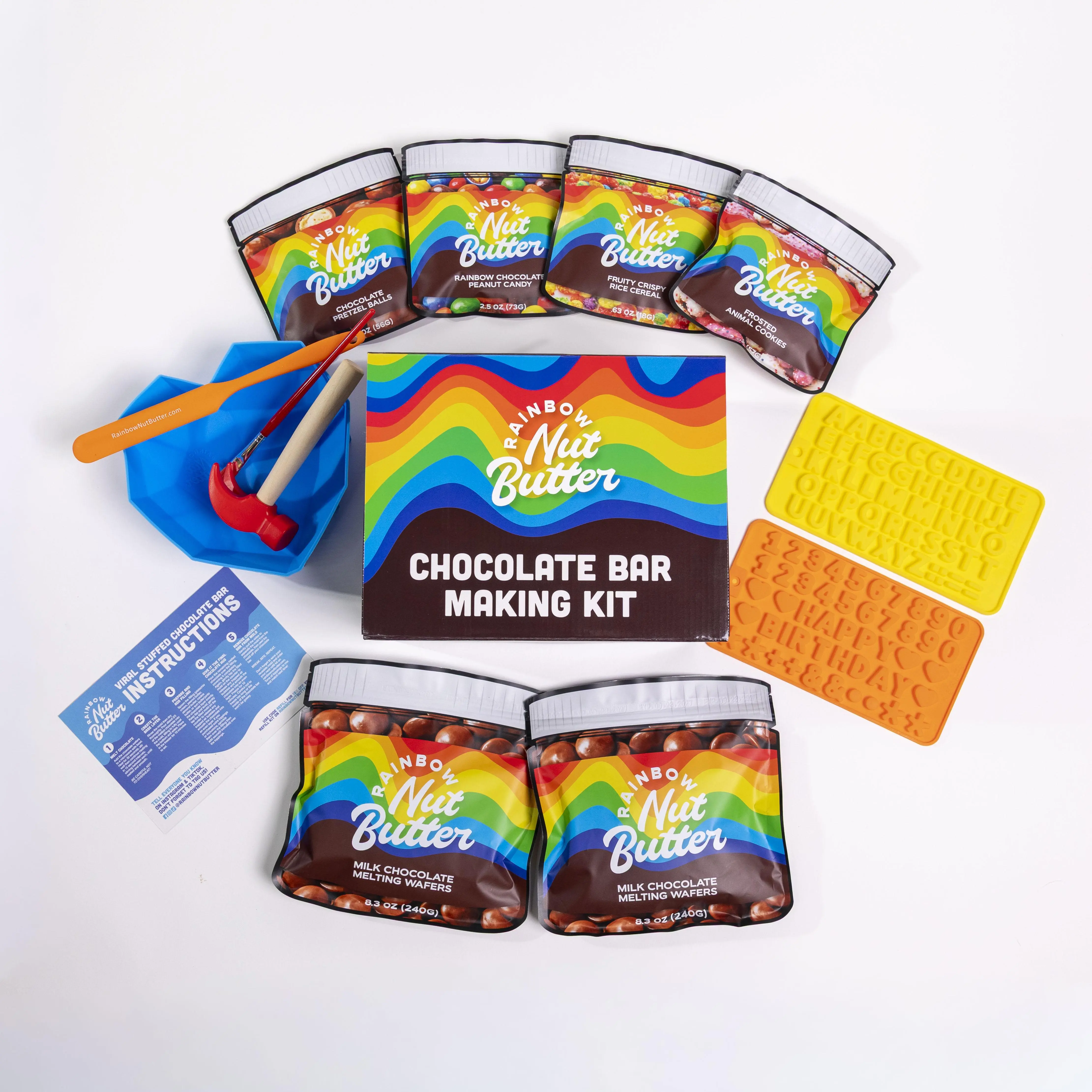 Rainbow Nut Butter DIY DUBAI Chocolate Making Kit HUGE BREAKABLE BLUE HEART Reusable Chocolate Bar Silicone Mold, PICK FLAVOR, PEANUT BUTTER Melting Wafers, Silicone Wand & Instructions