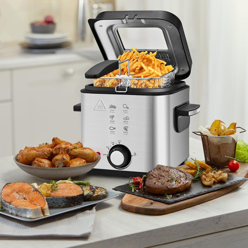 SUSTEAS Deep Fryer with Basket 1500W Electric Fryer 2.5L/1.5L Non-Stick Inner Pot Temperature Control Removable Lid Easy Clean Cooker for Small Households