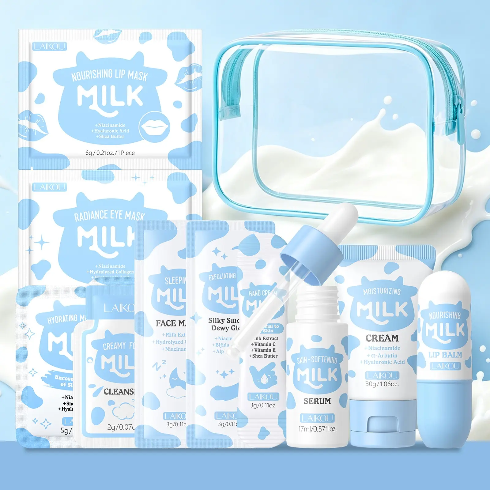 LAIKOU Budget-Friendly Milk Skincare Trial Kit - Hydrating Moisturizing Care Set 11Pcs Affordable Face & Body Care Set for Students - Includes Softening Serum, Cream, Hand Lotion & 5 Mini SPA Mask Packets with Clear Bag