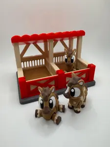 3D Printed Horse Stable Playset – Cute Farm Barn with 3 Cartoon Horses – Two Brown & One Spotted Pony – Western Decor Gift
