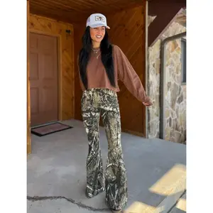 Fiona High Waisted Bell Bottom Flare Jeans - Moss Brown Camo