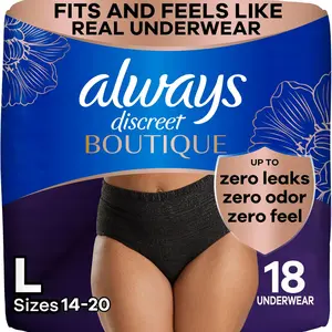 Always Discreet Boutique Incontinence and Postpartum Underwear for Women, Maximum Protection, Large, Black, 18 Count