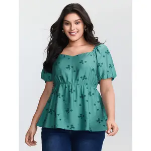 【Summer Turn-Up】【Essential】BlOOMCHIC Plus Size Floral Print Sweetheart Neckline Rayon Blouse [M-6X] 2026 Summer Pick for Mother's Day