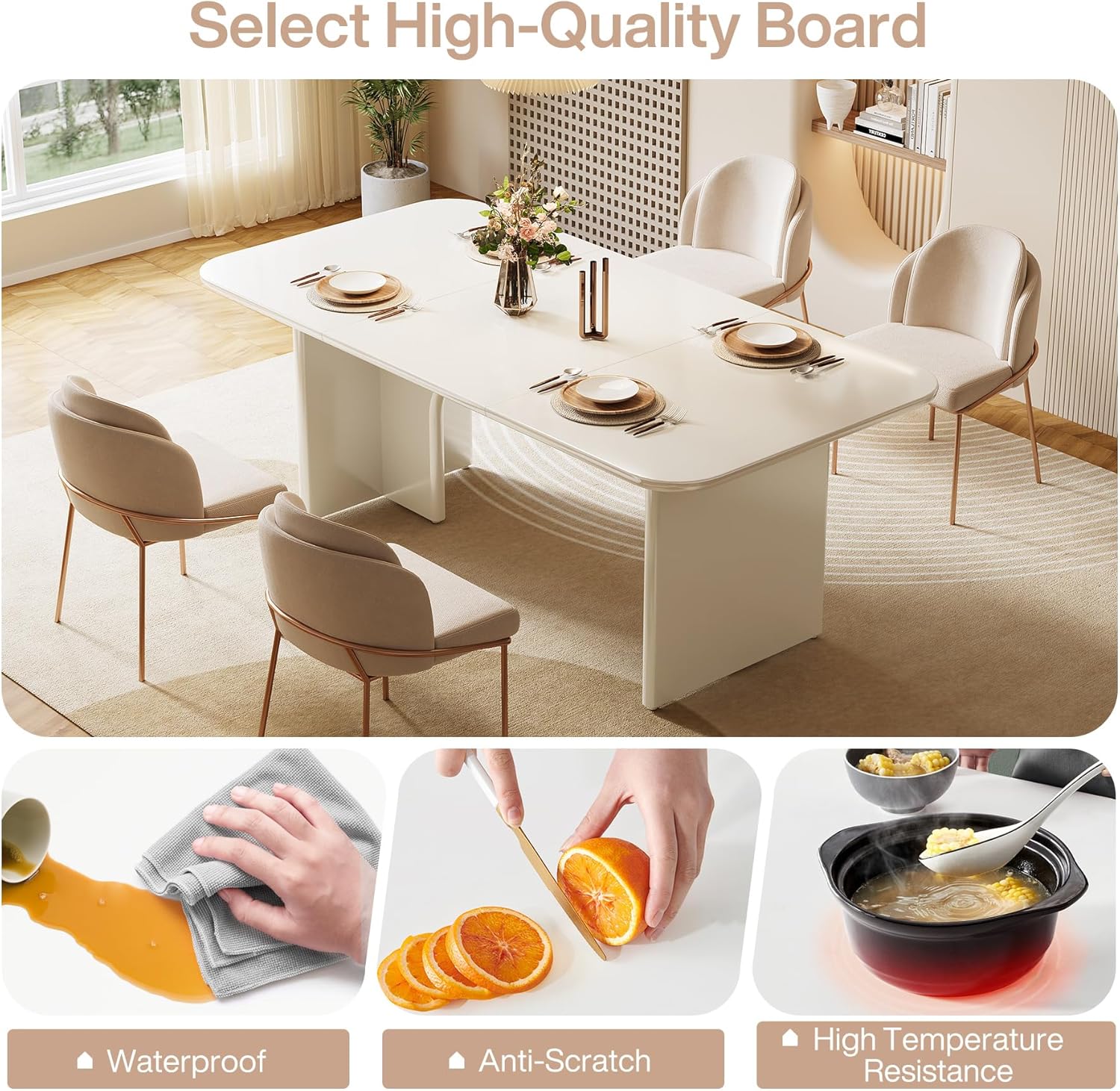 LITTLE TREE Modern White Dining Table for 4-6 People, 63" Large Rectangle Kitchen Table with Arch Design Legs, Dinner Table Kitchen & Dining Room Furniture