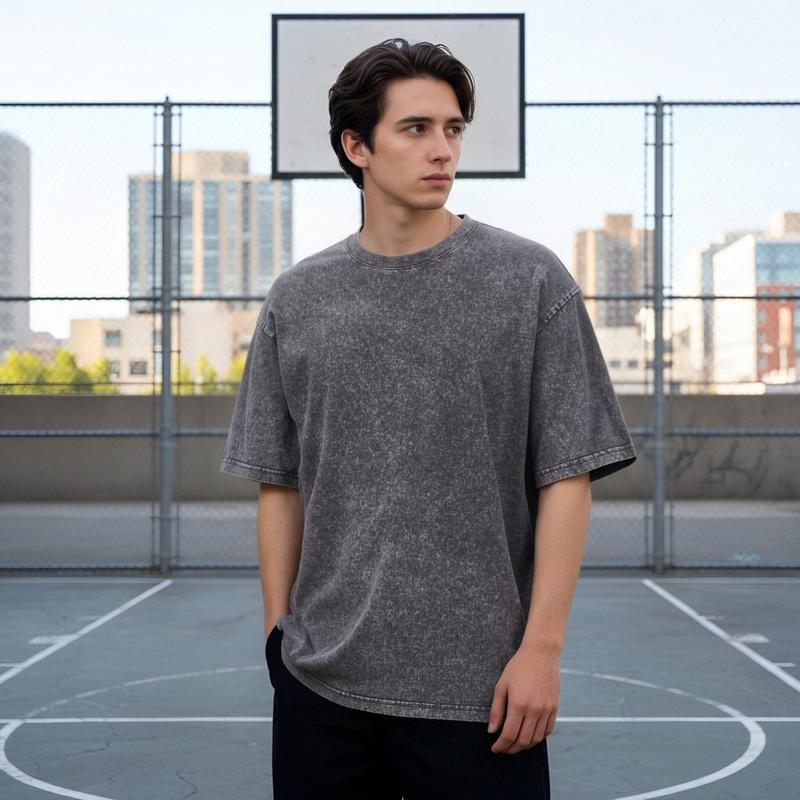 Alimen Mens Vintage Acid Washed T-Shirts Heavyweight Thick 100% Cotton Unisex Short Sleeve Baggy Streetwear Tee, Shape-Retaining Premium Look Non-Deformable Tshirts for Spring & Summer - No More Sagging & Deformation!