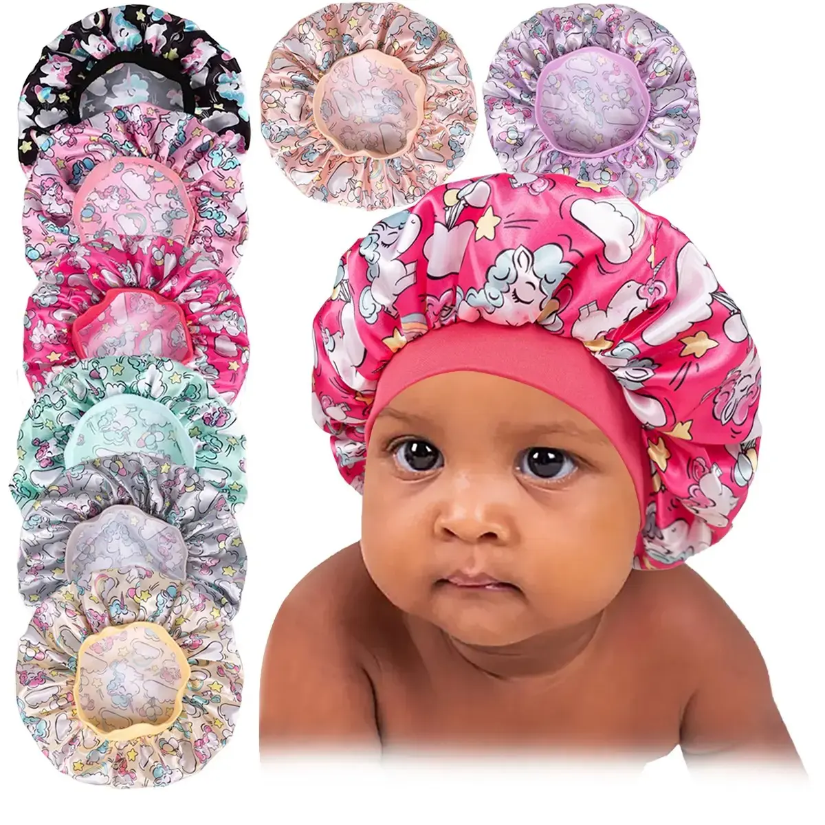0-3 Years Kids' Satin Night Sleep Bonnet - Soft PU, Elastic Band, Breathable, Lightweight, Printed Sports Headband, Reusable, Machine Washable, Bath & Hair Care Protection (With Bag Charm)