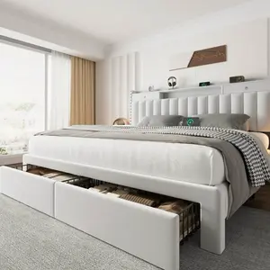 Upholstered Platform Bed Frame with Storage Headboard, USB & Type-C Charging Ports, 5 Drawers, Solid Wood Slats, No Box Spring Needed, Full/Queen/King Size – Off White