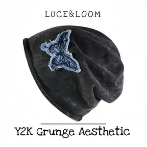 【LUCE&LOOM】 Retro Distressed Denim Beanie | Oversized Slouchy Hat with Butterfly Patch