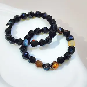 Handmade Black Agate Faceted Beaded Stretch Bracelet – 10mm Natural Stone Jewelry