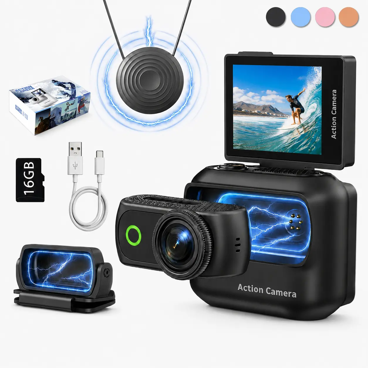 4K Magnetic Action Camera Kit, with Detachable Live View Screen, Neck Strap, Cap Mount, 16GB Memory Card Included for Vlog, Travel
