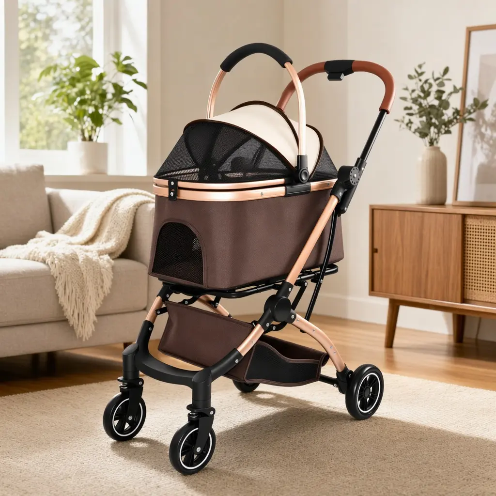 Pet Stroller for Dogs and Cats 2-in-1 Detachable Foldable 4 Wheels Quick One-Hand Fold Storage Basket Sun Canopy Khaki Carbon Steel Travel Stroller for Small Medium Dogs Cats Outdoor Walk, khaki Color Options, Carbon steel Material