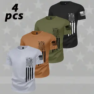 Men's fashionable and versatile short-sleeved T-shirt, 4-pack. Features slightly stretchy and comfortable fabric, regular fit, and star and flag pattern prints.  A perfect summer casual and sporty top for men, ideal as a gift for husbands or boyfriends.