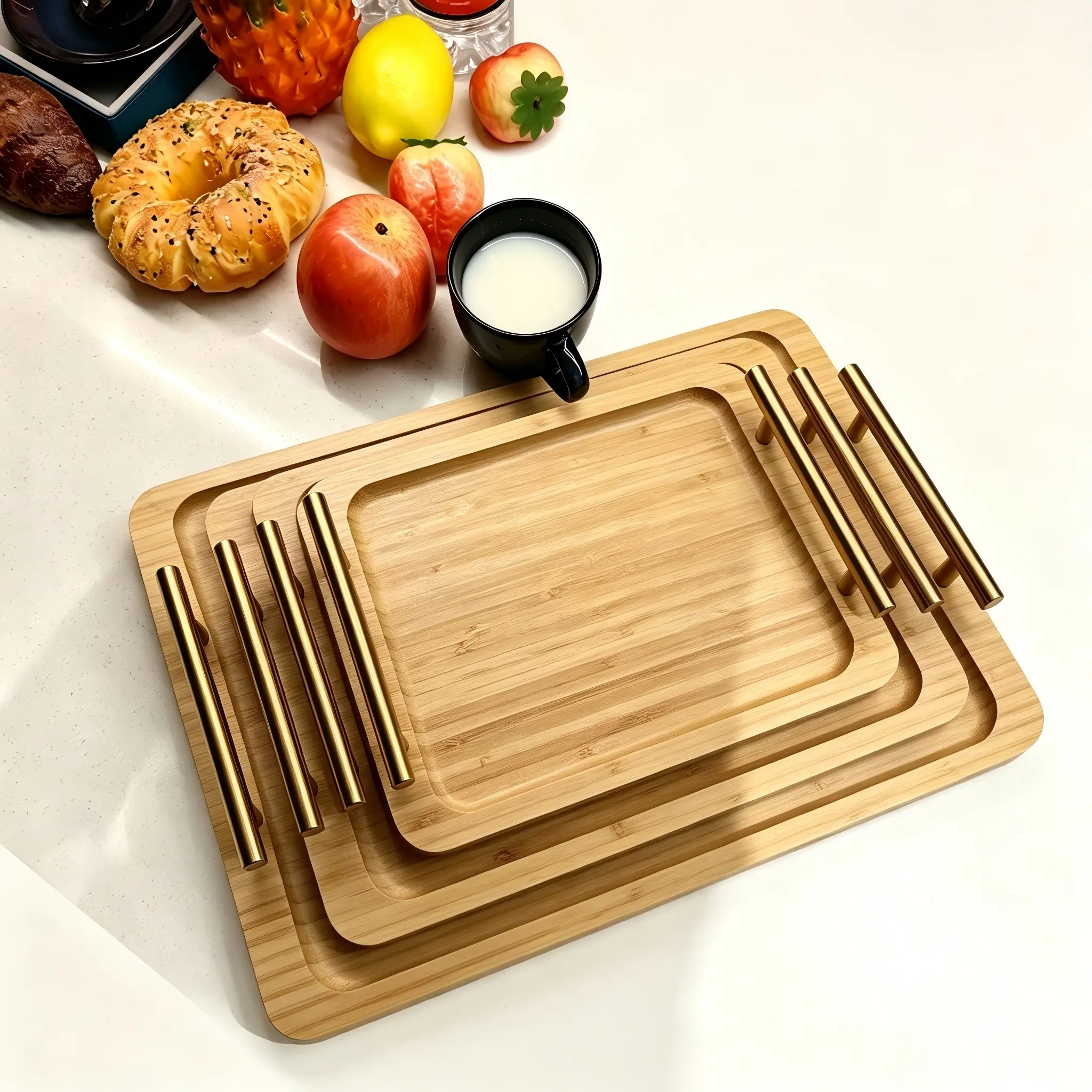 Brown Bamboo Serving Tray with Side Press Handles, Rectangular Wooden Tray Set for Coffee, Tea, Breakfast, Home Kitchen Decor Plates
