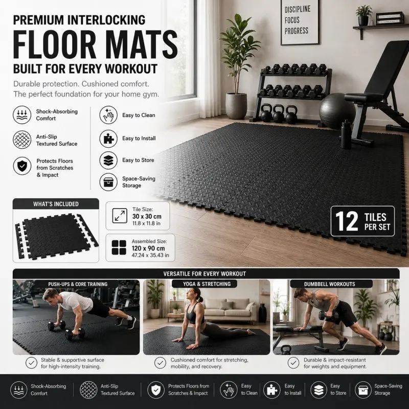 12-Piece Interlocking Floor Mat Set, Thickened Non-Slip Foam Tiles for Home Gyms, Garages, Studios, Pet Areas and Sports Floors (DM382)