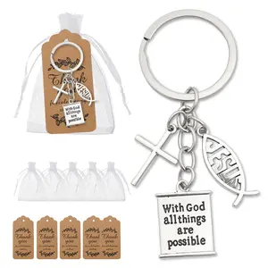 5 Sets Jesus Cross Keychain Book Holy Bible Pendants Keyrings with Thank You Tags Bags for Baptism, Church, Communion Christians Easter Prayer Gifts