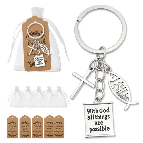 Unisex 5-Pack Cute Engraved Crucifix Keychains - Basic Durable Religious Faith Symbols Bible Pendant Key Rings for Car Keys, with Thank You Tags, Tag & Gift Ready Easter Baptism Gifts, Adequate Supply for Group Events Communion Favors