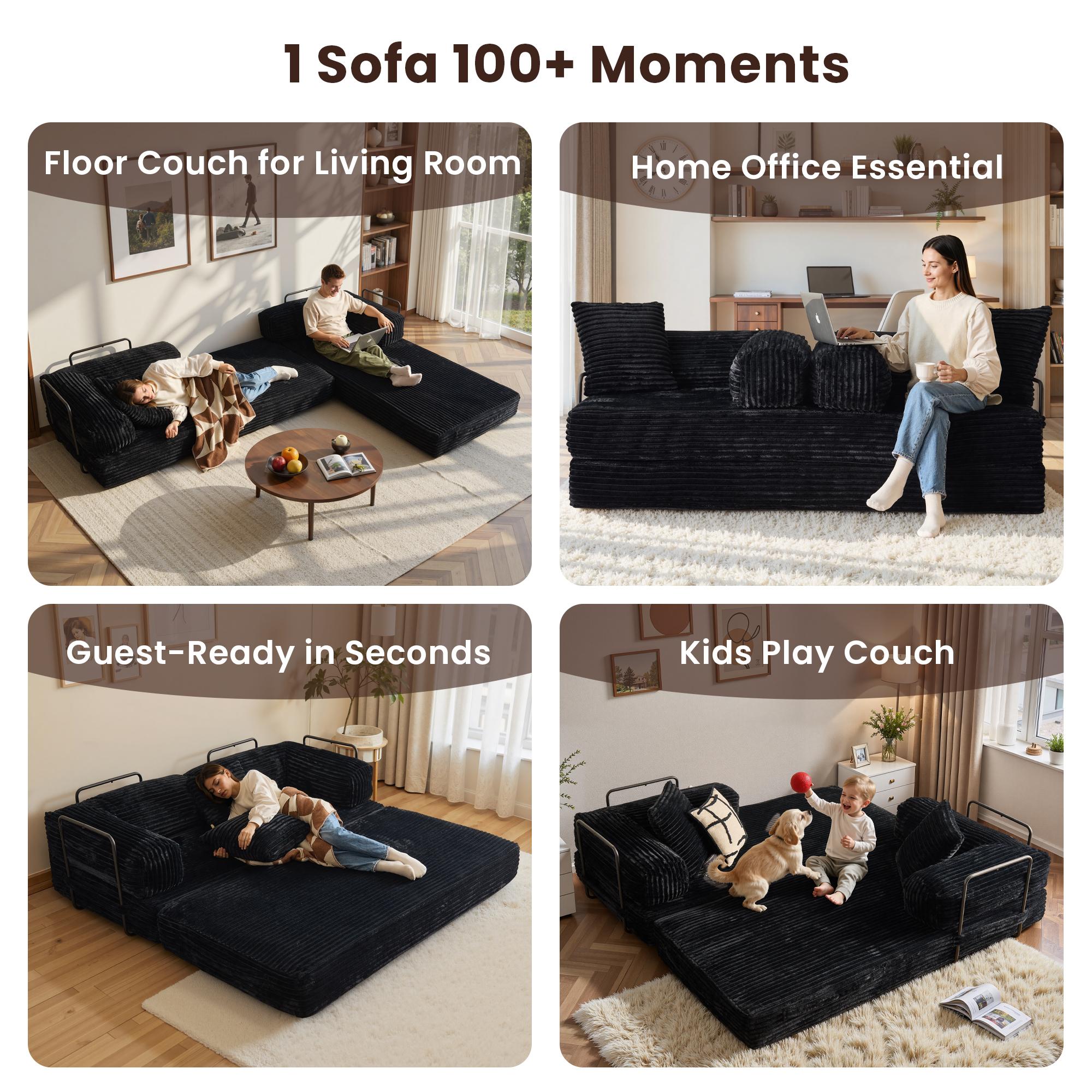 OOSWIFT 81" Folding Sofa Bed , 4-in-1 Foldable Floor Couch Convertible Futon Sofa with Armrests Sleeper Mattress Chair Bed Comfy Portable Fold Out Lounge Guest for Living Room Bedroom