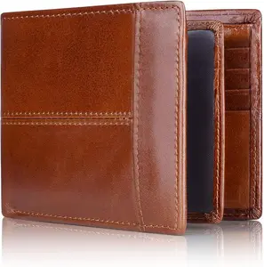 Mens Wallet Genuine Leather Bifold Wallets with 1 ID Window 15 Card Slots