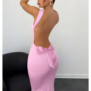 1pc Pink Women's Dress With Backless Bow Decoration Fall Women Dresses Christmas Party Formal Dress New Year Eve Thanksgiving Holiday Long Business Casual Elegant New Years Clothing Photoshoot Dress