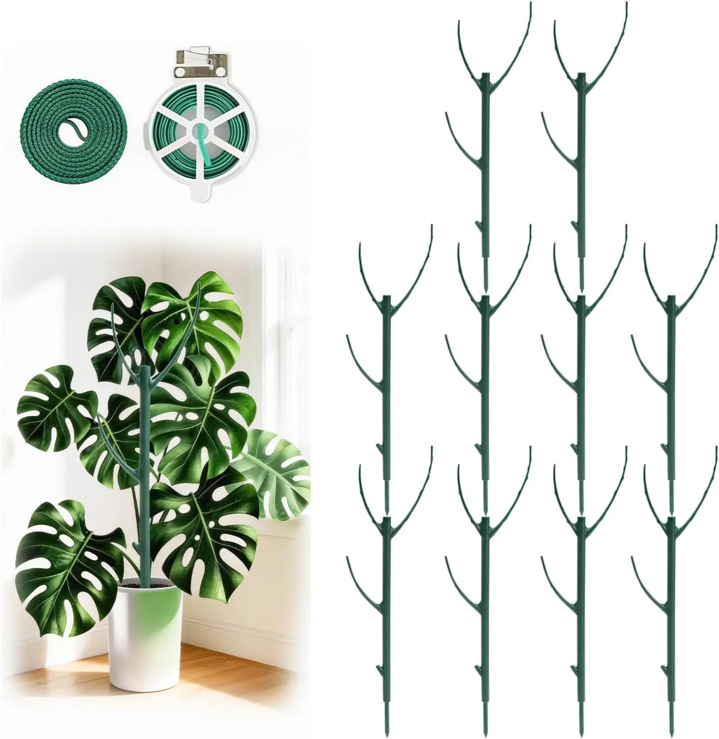 10-Pack Stackable Plant Support Stakes, 75in Climbing Sticks with Garden Ties, Durable Moss Pole Alternative for Monstera Plant Support, Indoor Outdoor Garden Use
