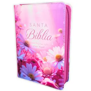 Biblia con Cierre Portátil Letra Grande 12 puntos RV1960, imit piel duotono blanco y rosa margaritas con índice y canto floral