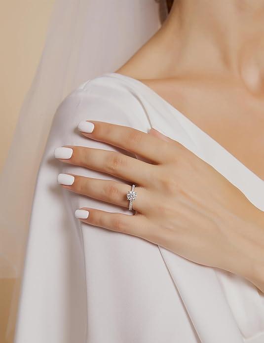 EAMTI 1.25 CT 925 Sterling Silver Round Cut Solitaire Cubic Zirconia Engagement Ring Halo Promise Ring